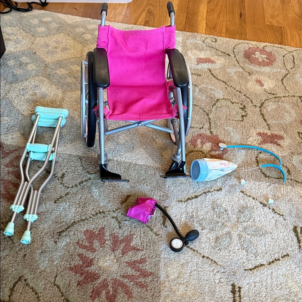 American Girl Pink Toy Wheelchair and Crutches Set with